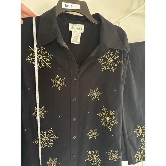 Quaker Factory Black Suit Set Jacket Gold Snowflakes Black Pants Medium - Picture 7 of 9